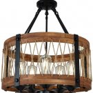 Rustic  Round Wood Five Lights Farmhouse Chandeliers Wooden Island Pendant  Rope Metal Ceiling Light