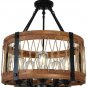 Rustic Round Wood Five Lights Farmhouse Chandeliers Wooden Island Pendant Rope Metal Ceiling Light