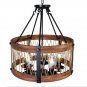 Rustic Round Wood Five Lights Farmhouse Chandeliers Wooden Island Pendant Rope Metal Ceiling Light