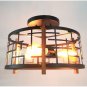Round Rustic Semi Flush Mount Light, Black Metal and Wood Ceiling Lighting Industrial Light Fixture