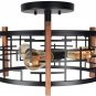 Round Rustic Semi Flush Mount Light, Black Metal and Wood Ceiling Lighting Industrial Light Fixture