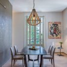 Conical Wood Bead Chandelier Retro Style Pendant Lamp Industrial Metal Ring Frame Ceiling Lamp