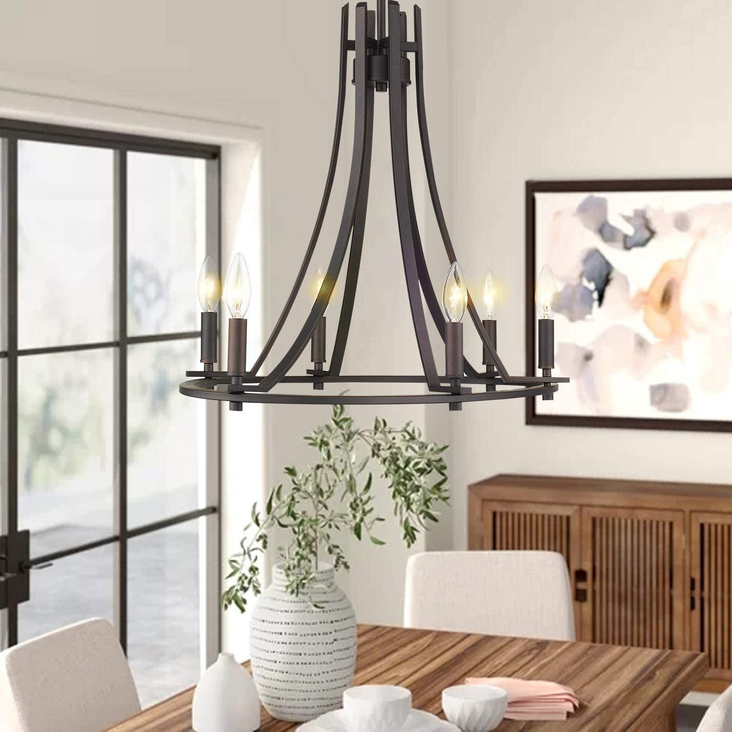 6-Light Large Wagon Wheel Chandelier  Vintage Farmhouse Pendant Light In Oil Rubbed Bronze Finish