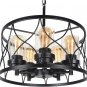 Round Industrial Chandelier with Seeded Glass Shade, Black Metal Wire Cage Drum Chandelier 5 Light