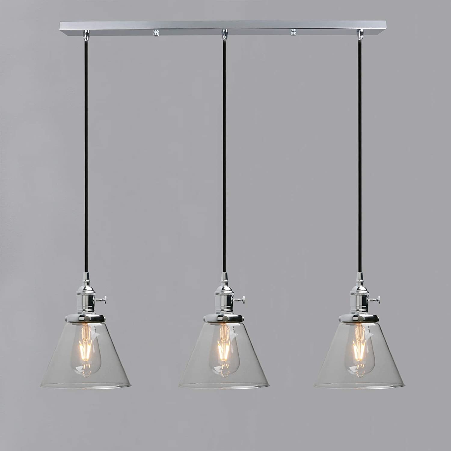 3 Light Rustic Chandeliers Chrome Polished Ceiling Light With 7.3 Inches Cone Glass Light Shade