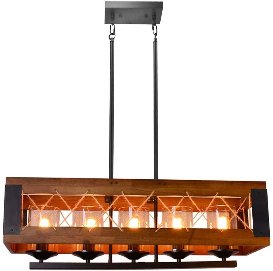 40" 5-Light Kitchen Island Lighting, Rustic Island Pendant Light Fixture, Wood E26 60W UL Listed