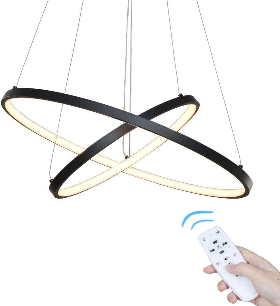LED Chandelier with Remote Control, Dimmable Pendant Light , 2 Rings Black Metal Adjustable DIY