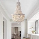Farmhouse Antique Wood Beaded Chandelier White Pendant Three Lights Retro Bedroom String Pendant