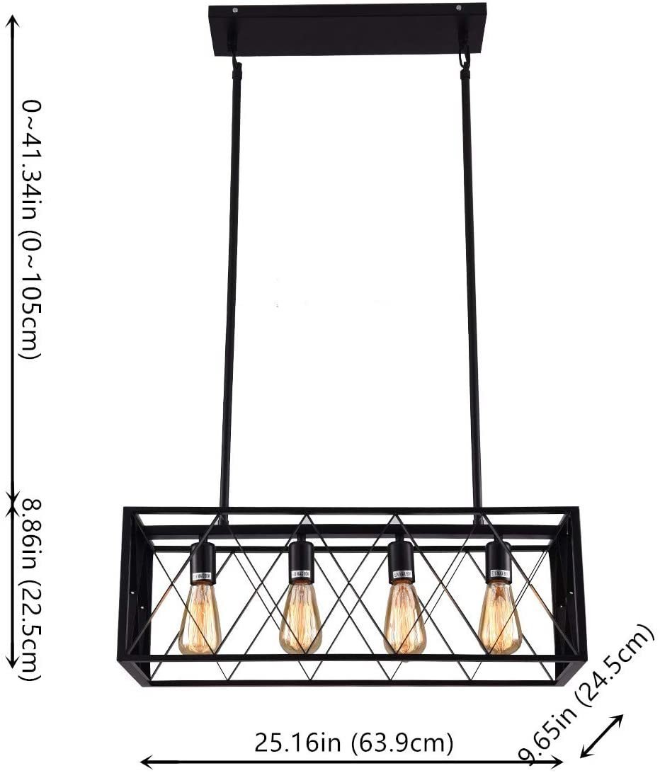 Mirrea Retro Chandelier 4 Lamp Rectangular Frame Shade Matte Metallic Black Finish