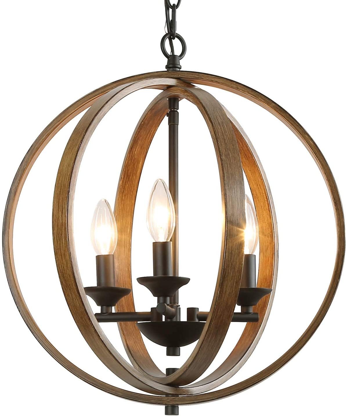 LOG BARN 15.5&acirc;�� Globe Chandeliers Farmhouse Pendant 3 Hanging Foyer Lighting, Faux-Wood Finish