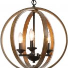 LOG BARN 15.5” Globe Chandeliers Farmhouse Pendant 3 Hanging Foyer Lighting, Faux-Wood Finish