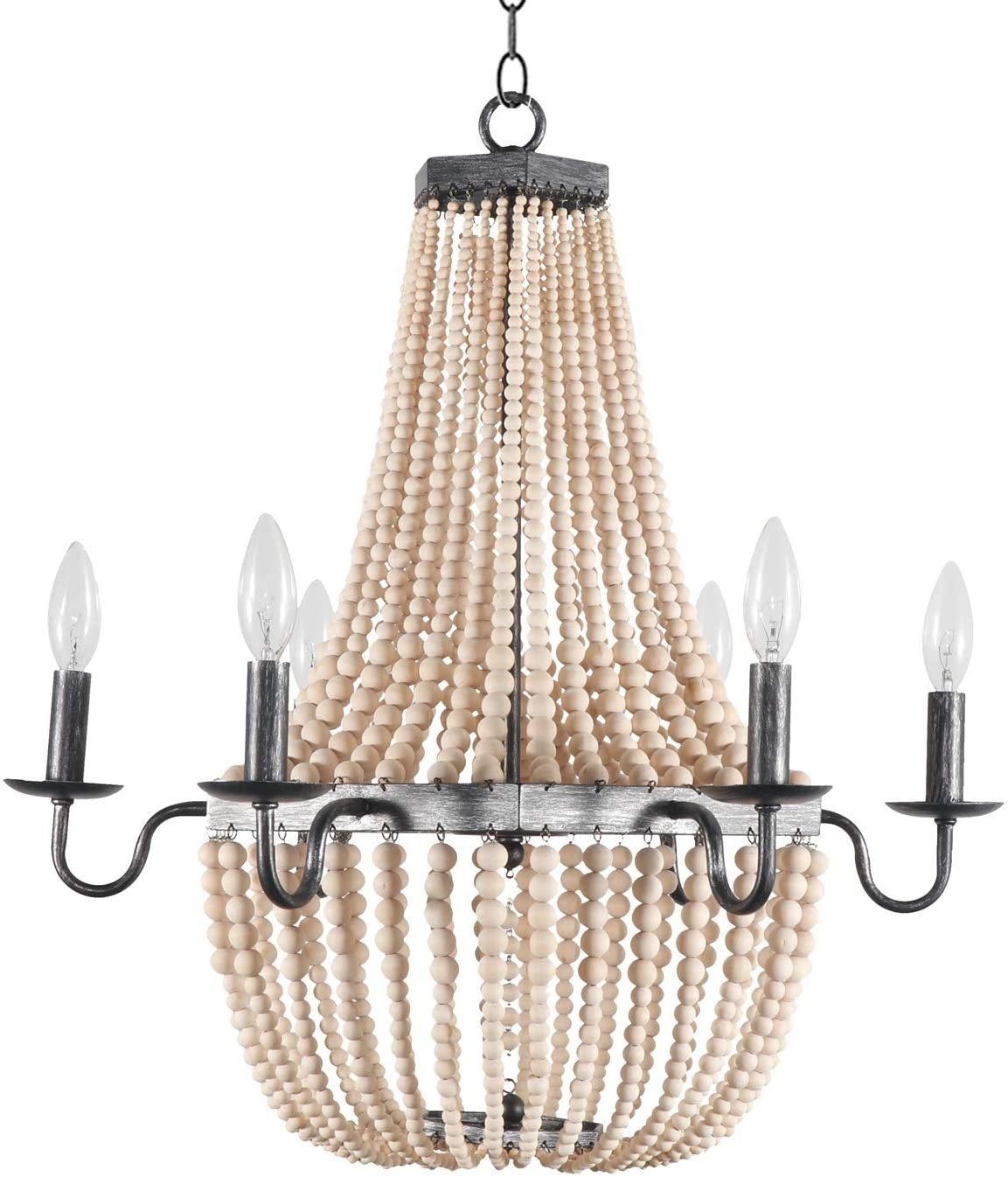 6-Light Wood Beaded Ceiling Pendant Chandelier Style Wooden Beads Metal Chandeliers Home Decor Lamp