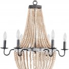 6-Light Wood Beaded Ceiling Pendant Chandelier Style Wooden Beads Metal Chandeliers Home Decor Lamp