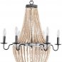 6-Light Wood Beaded Ceiling Pendant Chandelier Style Wooden Beads Metal Chandeliers Home Decor Lamp