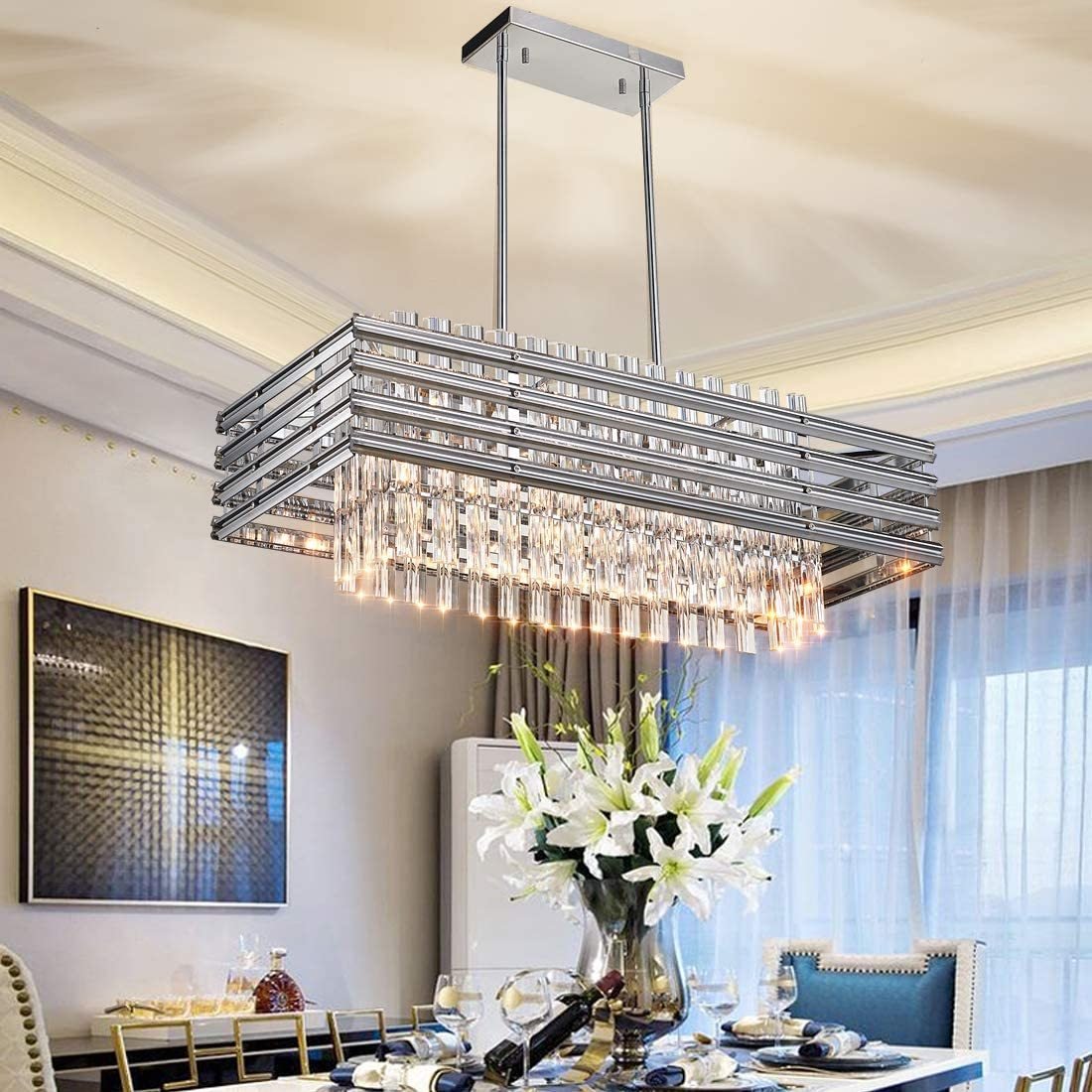 Dining Room Chandelier,Modern Rectangle Pendant Light,Crystal Chandelier, 6 Light, Adjustable Height