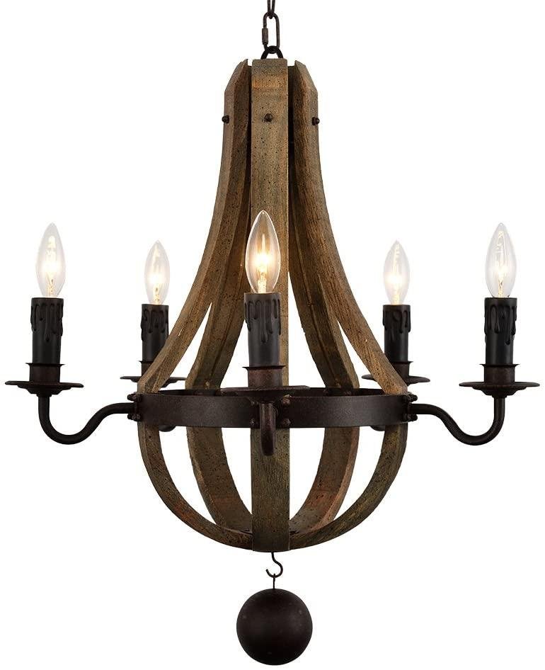 Vintage Rustic Wooden Pendant Wine Barrel Chandelier Lamp W 22" Reclaimed Rust Metal Chandeliers