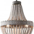 Wood Beaded Chandelier Pendant 3 Lights Gray White Retro Vintage Antique Rustic Kitchen Ceiling Lamp