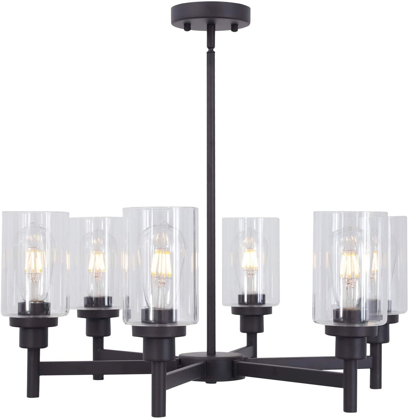 6 Light Industrial Chandelier Pendant Lighting Hanging Fixture with Cylinder Clear Glass for Kitchen