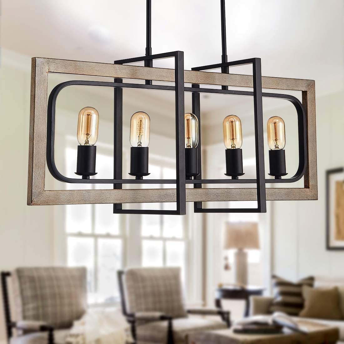Rectangle Dinning Room Chandeliers,Rustic Pendant Lighting for Kitchen Island, Oak Wood Chandelier