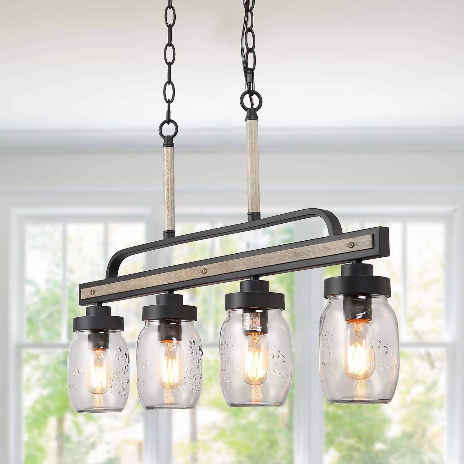 Rustic Mason Jar Pendant Lighting for Kitchen 4 Lights Farmhouse Chandelier Wood and Dark Grey Metal