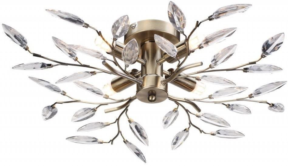 Willow Flush 4 Light Antique Brass Leaf Design Ceiling Light Fitting Chandelier - for Low Ceilings