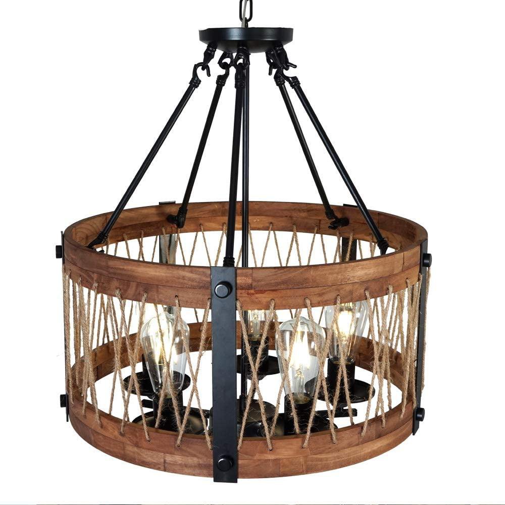 Modern Rustic Chandelier Round Wood Five Lights Farmhouse Chandeliers Wooden Island Pendant Lighting