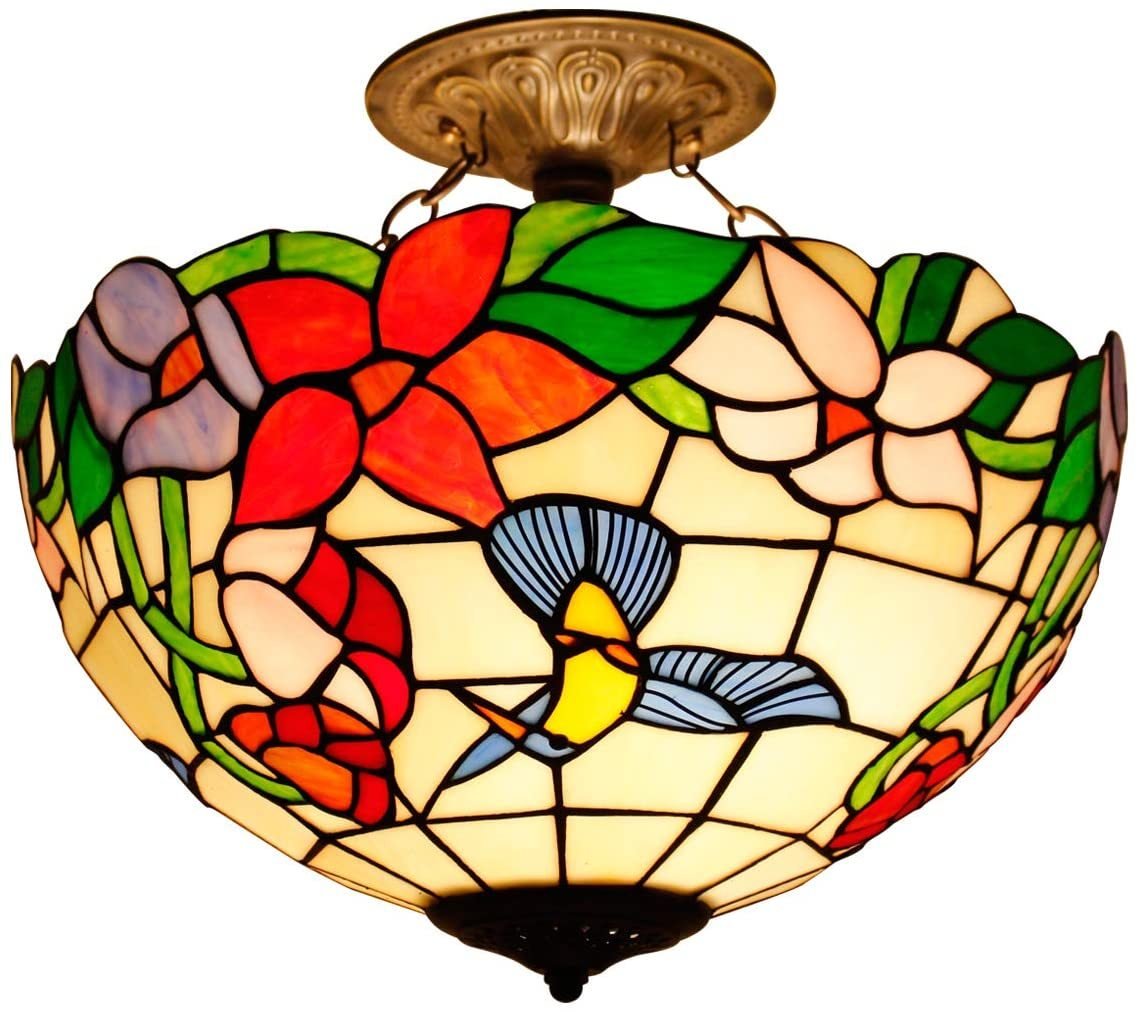 Ceiling Fixture Lamp Semi Flush Mount 16 Inch Stained Glass Hummingbird Shade Pendant Hanging Light