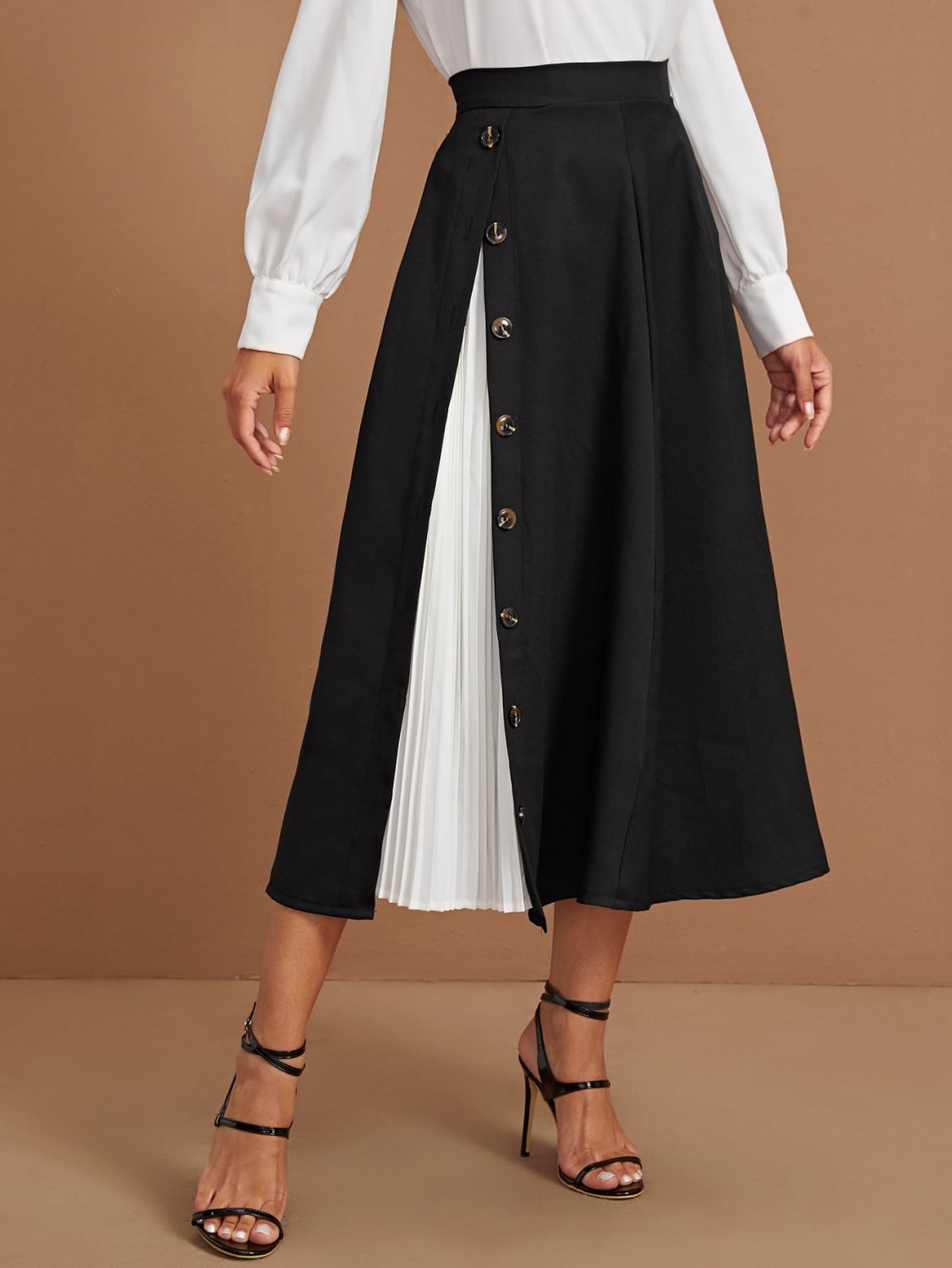 Contrast Panel Pleated Button A-line Skirt