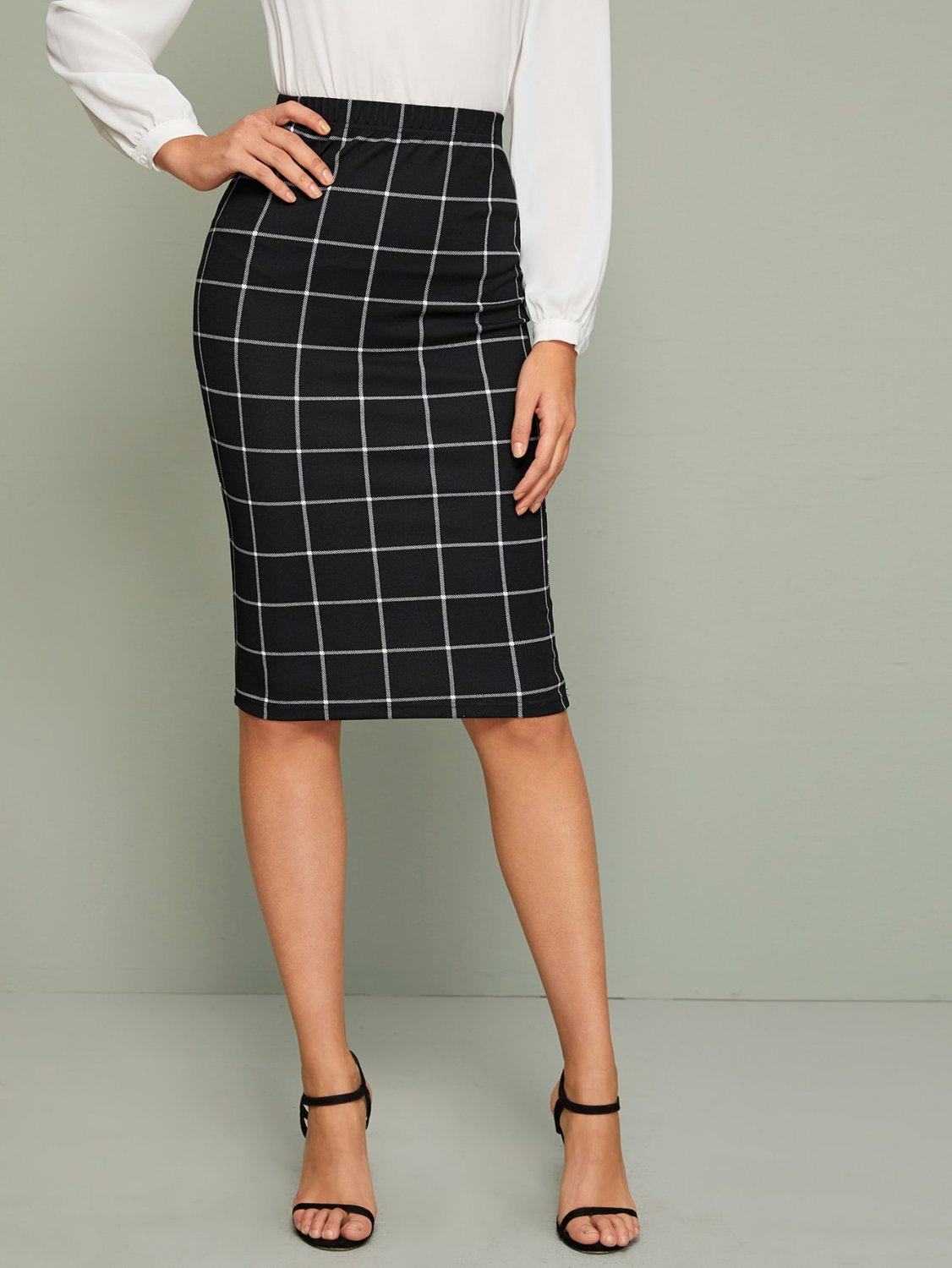 Grid Print Pencil Skirt