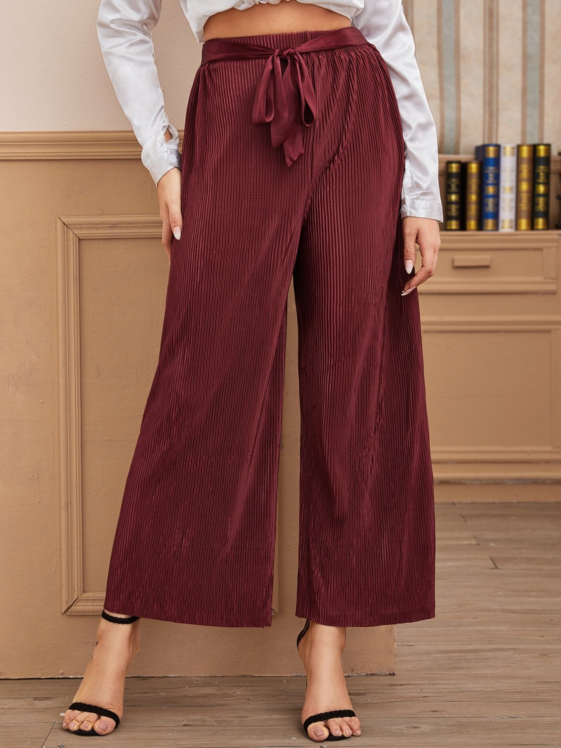 Solid Belted Wide Leg Pants