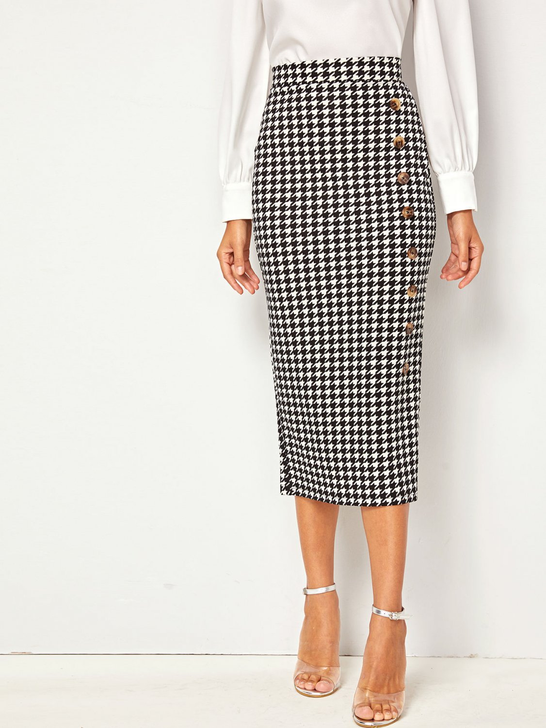 Wide Waistband Button Front Split Back Houndstooth Skirt