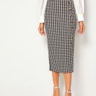 Wide Waistband Button Front Split Back Houndstooth Skirt