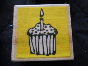 Rubber Stamp Cupcake Single Candle Lit Flame Sprinkles