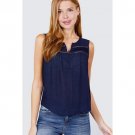 Sleeveless Front Pleats Detail W/button Woven Top