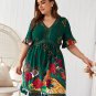Plus Size Dress for Women, Floral Pattern Dress with Half Sleeves, V-Neck Dress on the Knee