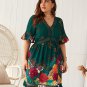 Plus Size Dress for Women, Floral Pattern Dress with Half Sleeves, V-Neck Dress on the Knee