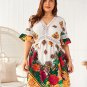 Plus Size Dress for Women, Floral Pattern Dress with Half Sleeves, V-Neck Dress on the Knee