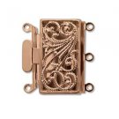 3 strand Push Pull Clasp with delicate scrolling, 13x22mm Copper plate tab/box type beadwork