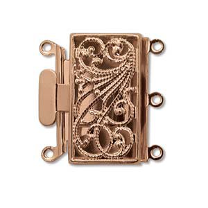 3 strand Push Pull Clasp with delicate scrolling, 13x22mm Copper plate tab/box type beadwork