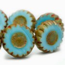 12mm Daisy Flower coin shaped beads Teal Blue with Picasso Finish, 15 Czech glass beads color 0900