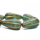 22x11mm Melon Drop Teal Blue with a Picasso Finish and Gold Wash 6 Czech Glass Beads