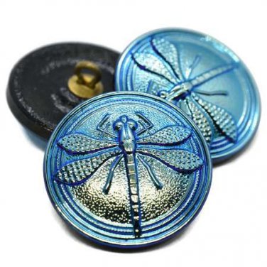 22mm Dragonfly Button Medium Sky Blue with AB Finish 2.5mm shank Czech Glass
