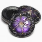 27mm Wheel Button Purple Pansy with Black and Gold Accents Czech Glass with 2.5mm shank