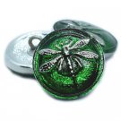 18mm Dragonfly Button Green with a Silver Dragonfly hand painted Czech Glass emerald