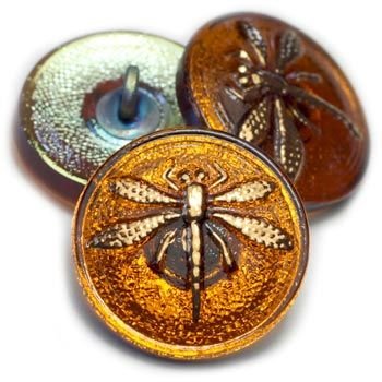 18mm Dragonfly Button Pumpkin AB Finish & Gold Dragonfly, hand painted Czech Glass orange