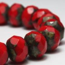 6x8mm Rondelle Scarlet Red with Picasso Finish 25 Czech glass firepolish beads