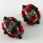 VINTAGE ART GLASS LUCITE CLIP ON EARRINGS RED BLACK