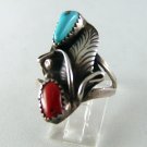 NATIVE AMERICAN NAVAJO STERLING SILVER CORAL TURQUOISE RING SZ 7 1/2