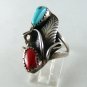 NATIVE AMERICAN NAVAJO STERLING SILVER CORAL TURQUOISE RING SZ 7 1/2