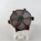 VINTAGE NATIVE AMERICAN ZUNI STERLING SILVER MOTHER OF PEARL TURQUOISE RING SZ 7